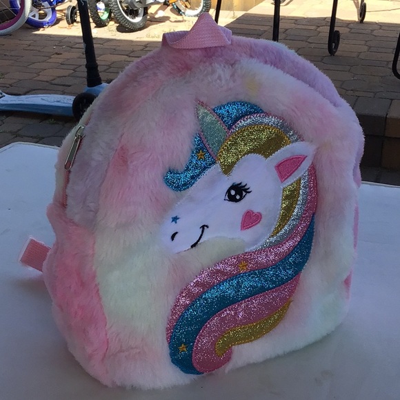 Colorful Unicorn Appliquéd Faux Fur Backpack - Picture 1 of 9